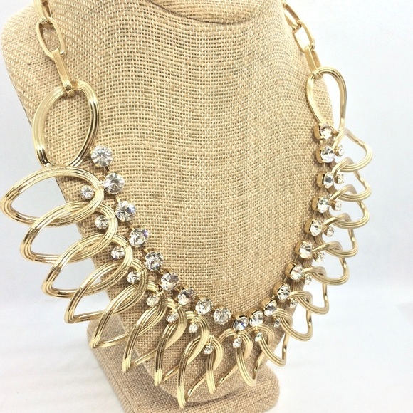 NATASHA RHINESTONE STATEMENT NECKLACE GOLD TONE BLING OVAL CHAIN LINKS - Picture 3 of 11